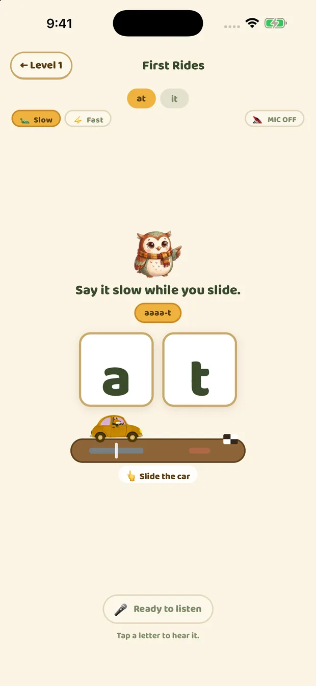 The ReadBorn Sound Car screen, where a child slides the sounds of a word together while the app listens