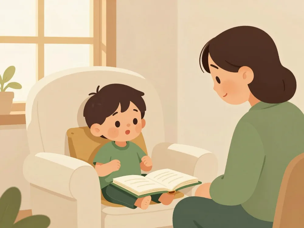 A parent listening as a young child sounds out a word