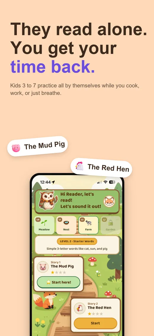 ReadBorn reading screen: a child sounds out a word letter by letter