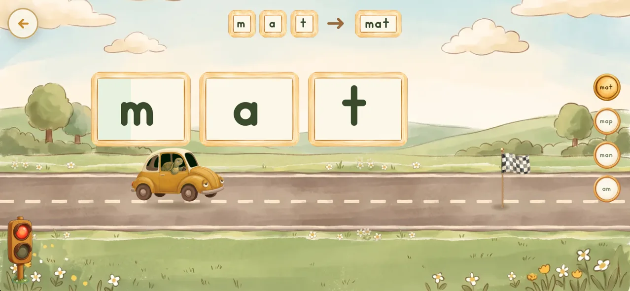 The ReadBorn Sound Car screen: a word laid out in sound boxes, with the car under them as the child slides the sounds together and the app listens