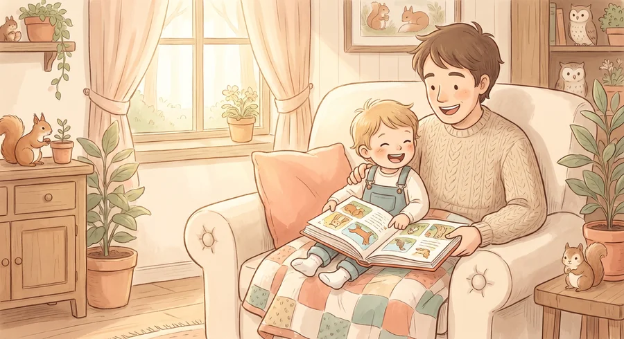 A parent and a young child reading a picture book together